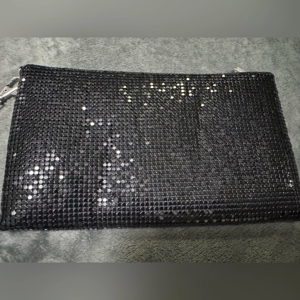 Black Beaded Sequin Clutch with Wrist Strap